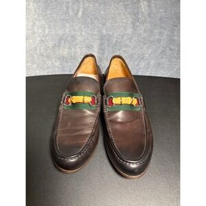 New Gucci Mens‎ Bamboo Web Stripe Leather Loafers Dark Brown 10.5 Made in Italy
